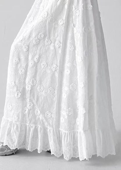 Art White Floral Hollow Out Elastic Waist Cotton Skirt Summer