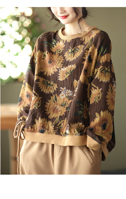Large Size Slim Round Neck Printed Retro Casual Loose Sweater
