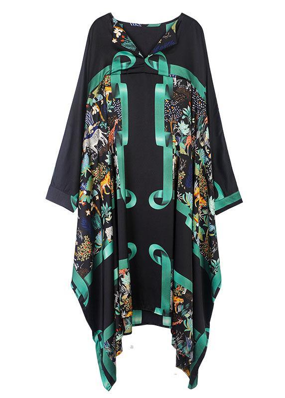 Vintage Black Green V Neck Print Fall Long Dresses