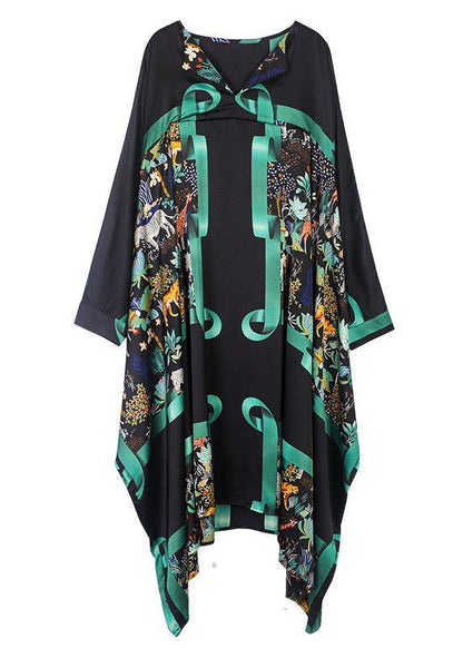 Vintage Black Green V Neck Print Fall Long Dresses