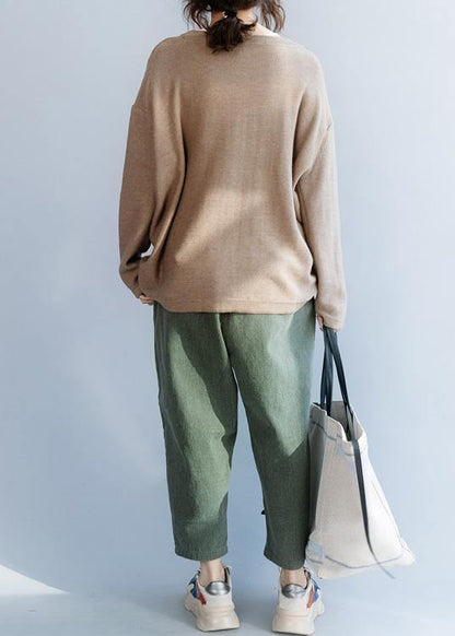 Chunky o neck khaki knit sweat tops fall fashion drawstring knit