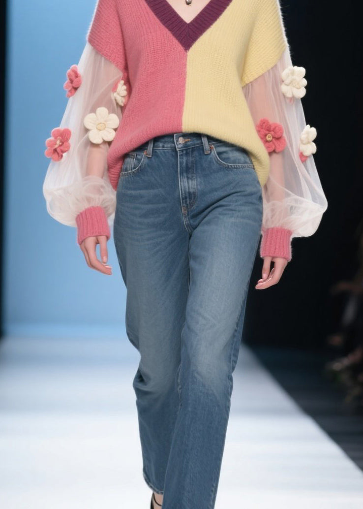 French Colorblock V Neck Tulle Floral Patchwork Knit Sweaters Fall