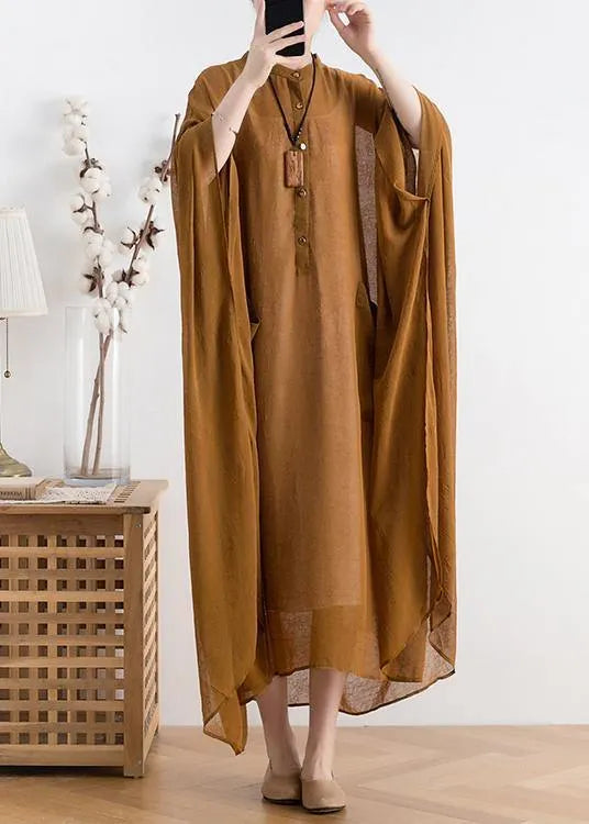 Natural yellow chiffon Robes plus size Shape stand collar Batwing Sleeve Dress