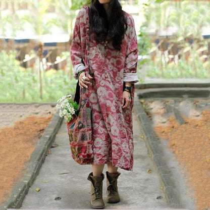 Cotton Linen Casual Loose Fitting Floral Dress Red / Blue