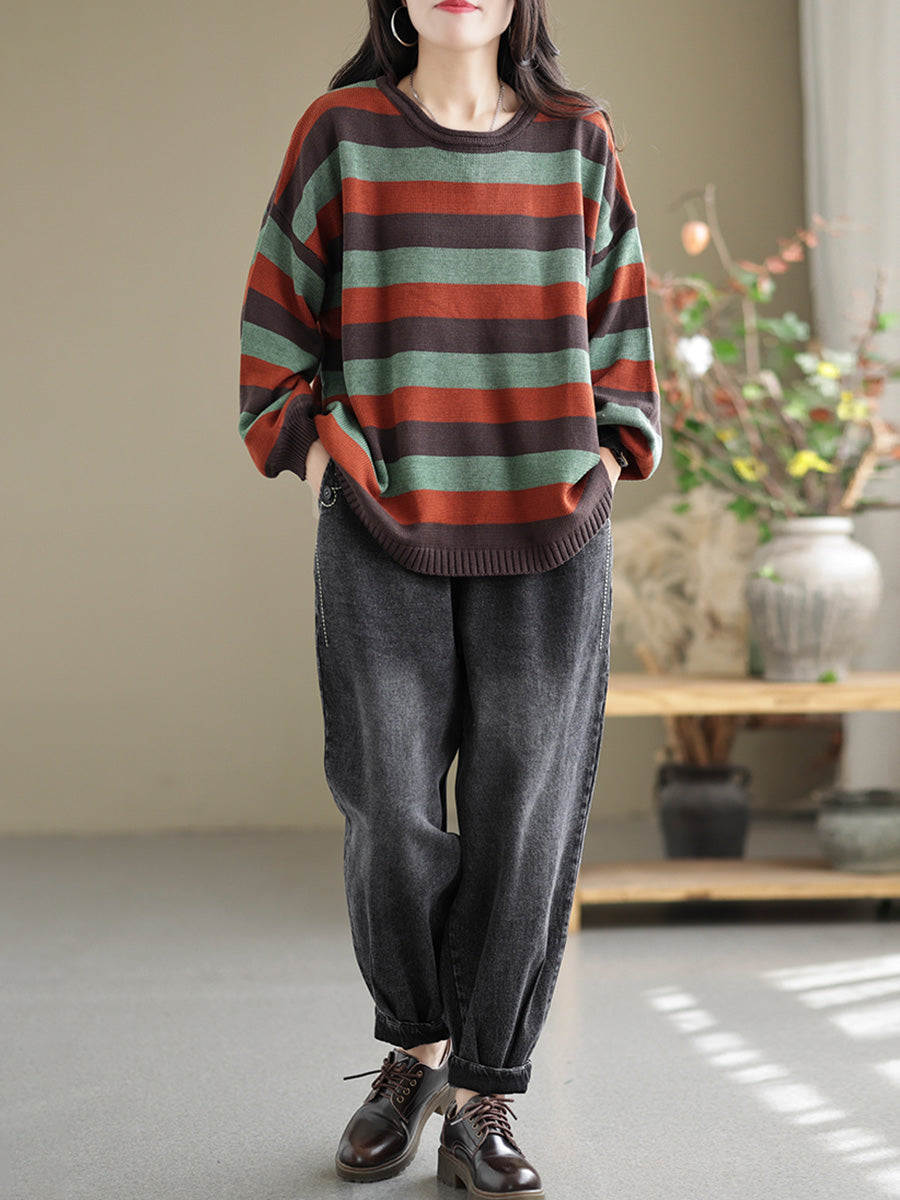 Women Striped Commuter Loose Vintage Sweater