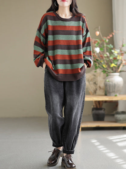 Women Striped Commuter Loose Vintage Sweater