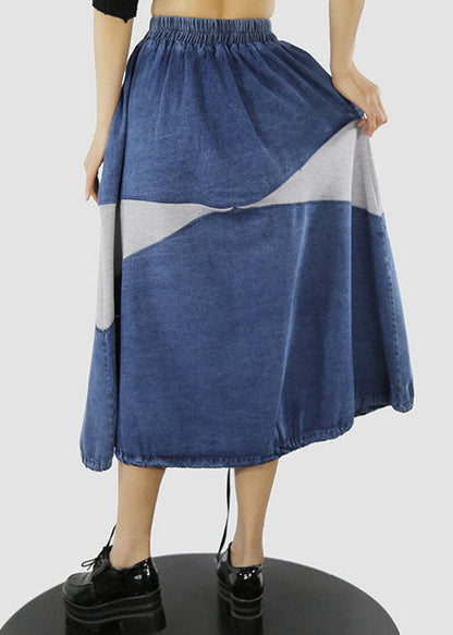Women Blue white elastic waist drawstring Patchwork denim Skirt