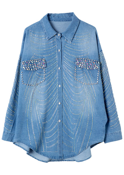 Women Blue Nail Bead Zircon Button Denim Shirts Spring