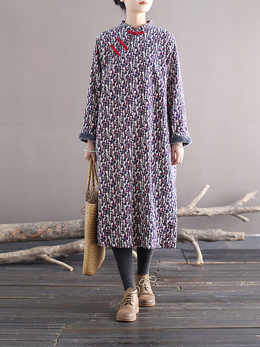 Women Winter Chinese Floral Print Frog Thick Long Dress