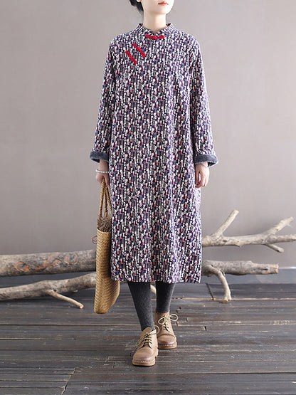 Women Winter Chinese Floral Print Frog Thick Long Dress