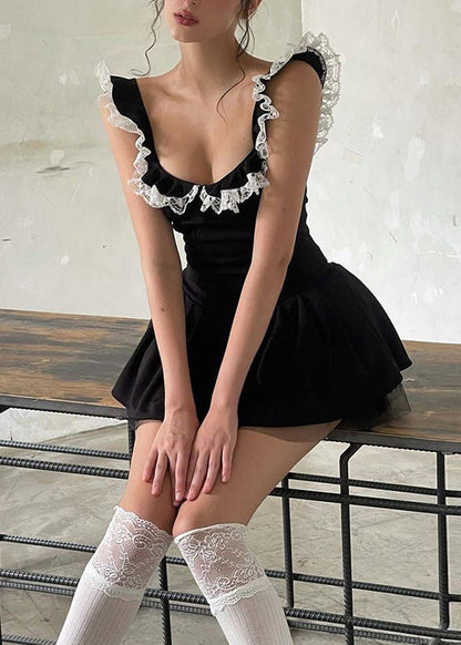 Sexy Black Lace Ruffled Patchwork Cotton Mini Dress Summer