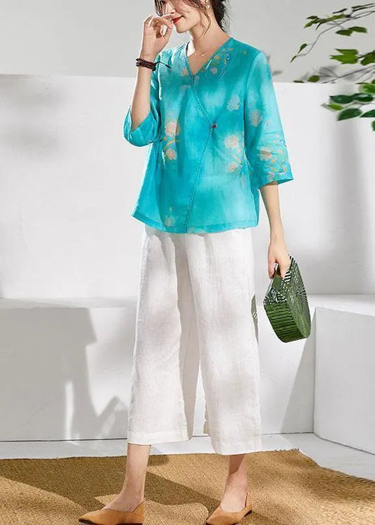 Simple green print linen clothes v neck summer blouses
