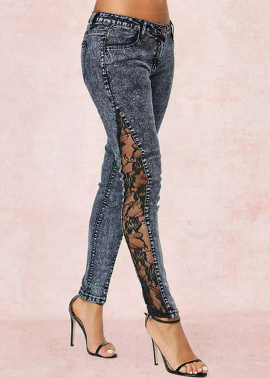 Vintage Grey Lace Patchwork Denim Crop Pants Summer