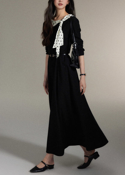 Elegant Black Bow Pockets Wool Long Dress Fall