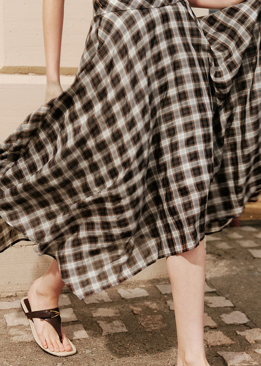 Natural Coffee Plaid Asymmetrical High Waist Silk Cotton A Line Skirts Summer