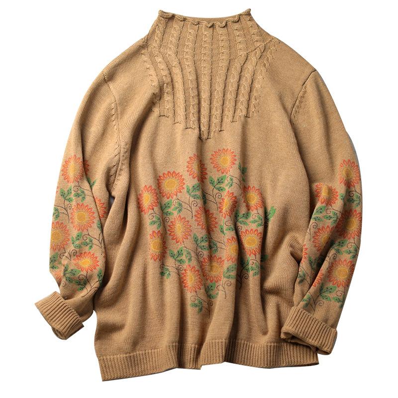 Retro Cotton Flower Printed Loose Sweater