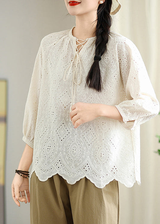 Beige Hollow Out Cotton Shirt Top Lace Up Bracelet Sleeve