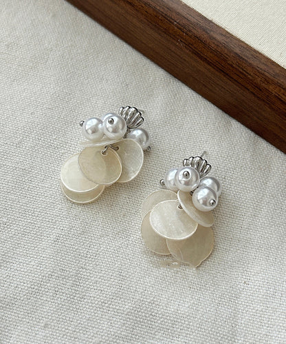 Women White Silver Pearl Shell TasselDrop Earring
