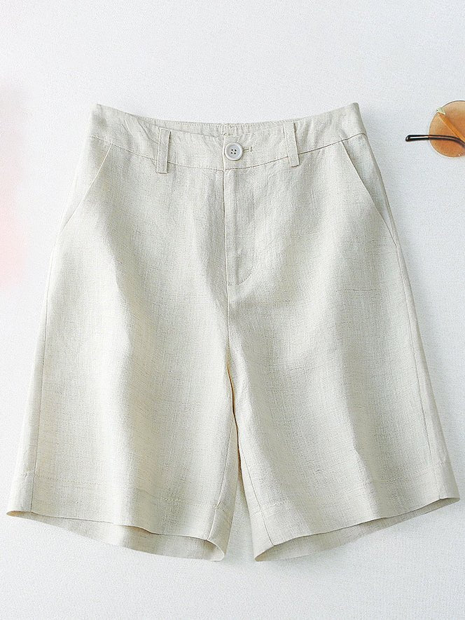 Solid Color Mid-waistline Casual Linen Wide Leg Shorts