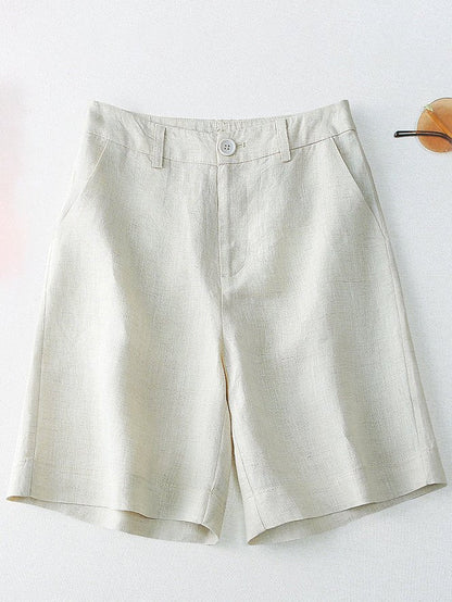 Solid Color Mid-waistline Casual Linen Wide Leg Shorts