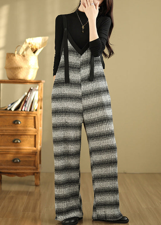 Plus Size Grey Oversized Striped Cotton Overalls Jumpsuit Summer