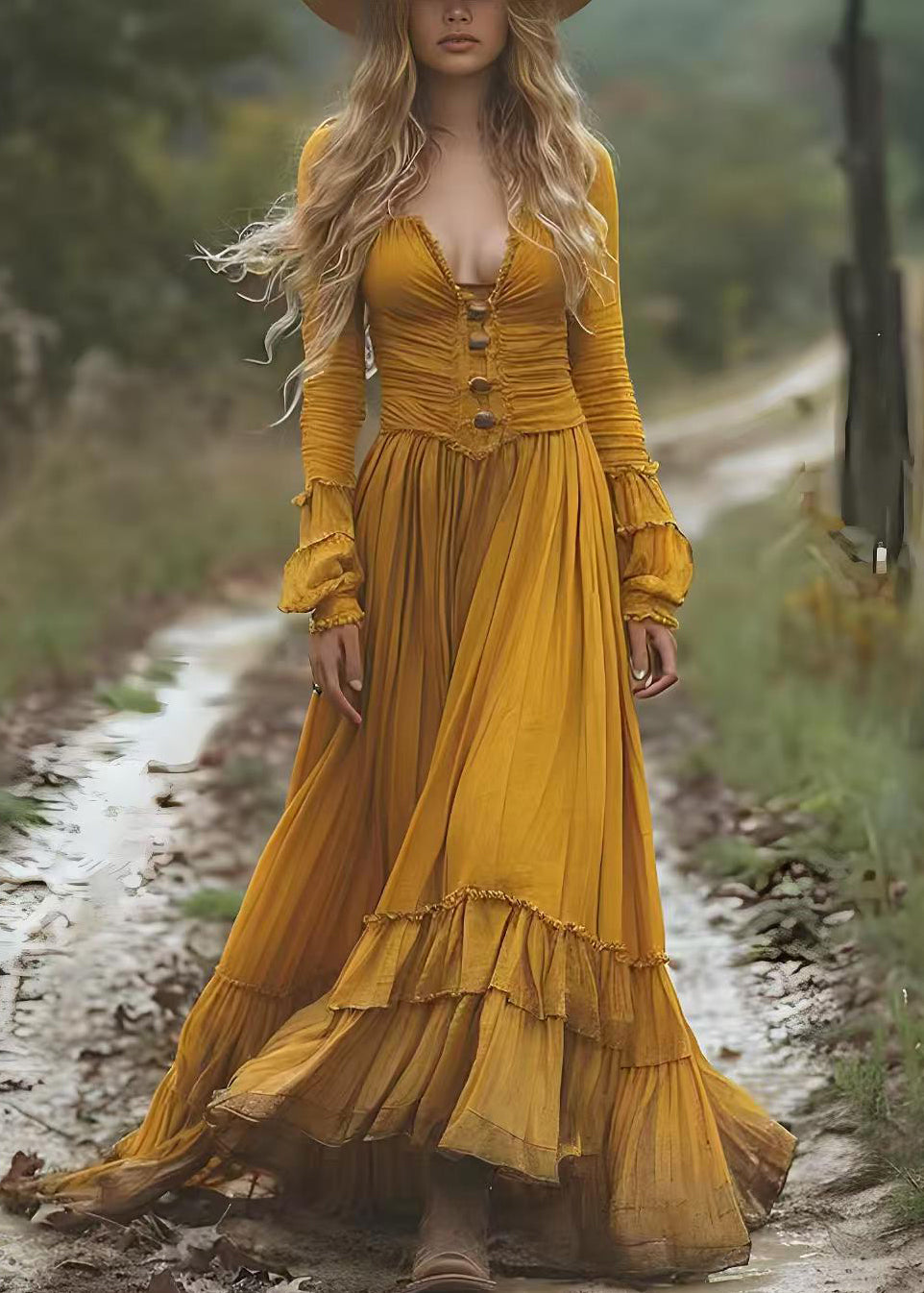 Boho Yellow Wrinkled Patchwork Cotton Long Dresses Spring