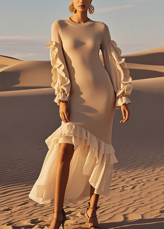French Ruffled Patchwork Asymmetrical Design Knit Sweater Dress Spring