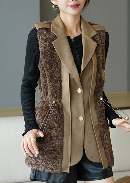 Fine Coffee Notched Patchwork Button Faux Fur Waistcoat Fall