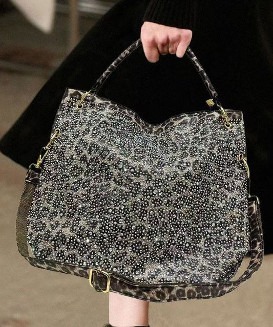 Style Leopard Print Rhinestone Large Capacity Faux Leather Tote Handbag
