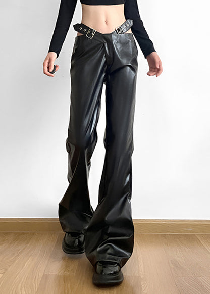 Handmade Black Patchwork Faux Leather Pants Spring