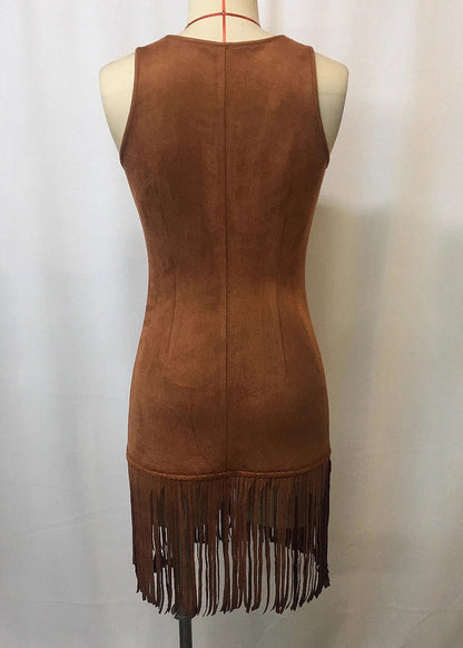 Slim Fit Brown Tasseled Button Solid Faux Suede Mini Dresses Sleeveless