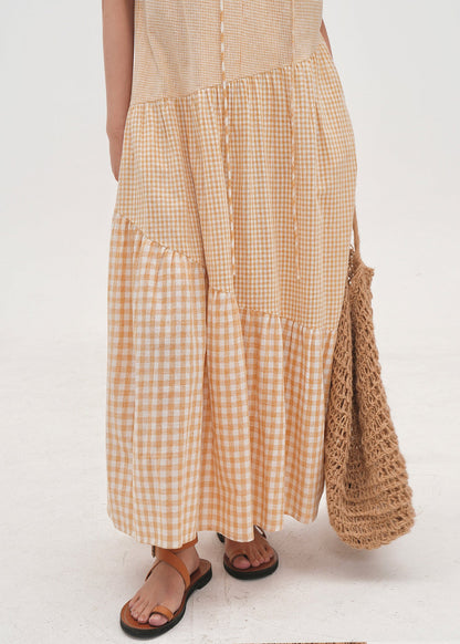 Women Beige Oversized Patchwork Plaid Cotton Dresses Summer