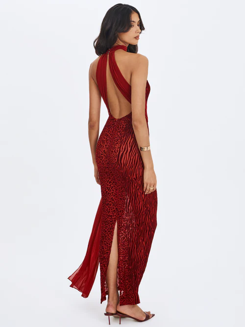 Red Flocked Leopard Print Halter Open-Back Sash Maxi Dress