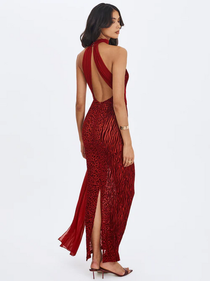 Red Flocked Leopard Print Halter Open-Back Sash Maxi Dress