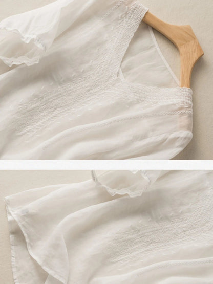 Solid Color V Neck Short Sleeve Casual Linen Top