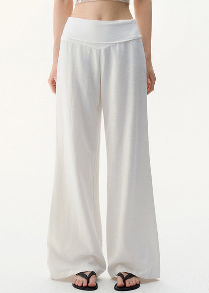 Women White Solid High Waist Linen Pants Summer