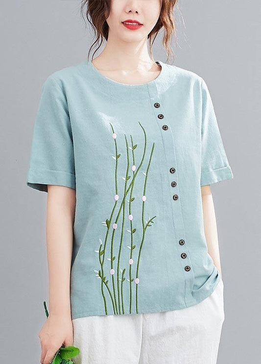 Casual White O-Neck Button Shirt Tops Summer Cotton Linen