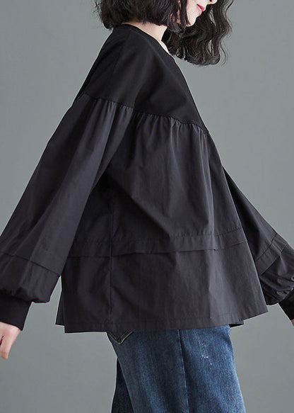 Plus Size Black O Neck Patchwork Cotton Shirt Tops Spring
