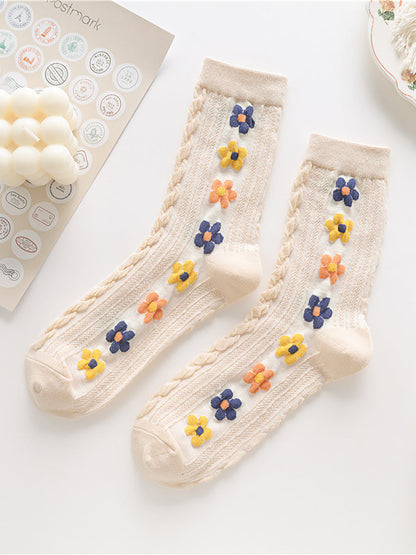 5 Pairs Female Retro Flower Autumn Socks