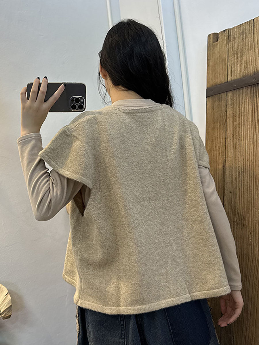 Women Artsy Knitted Button Solid Sleeve Vest