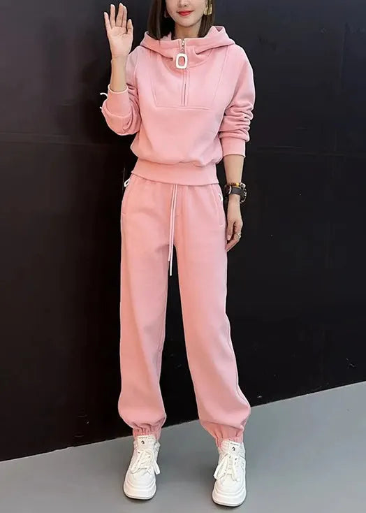 New Pink Hooded Zippered Tops And Beam Pants Cotton Two Pieces Set Spring