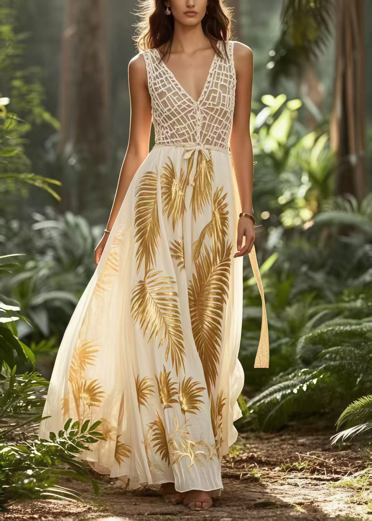 Elegant Golden Print Exra Large Hem Chiffon Vestidos Dress Summer