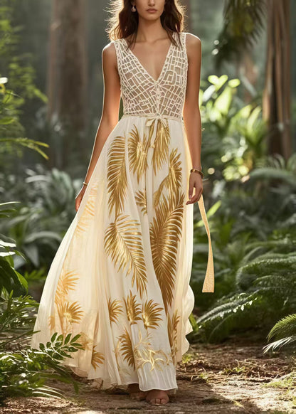 Elegant Golden Print Exra Large Hem Chiffon Vestidos Dress Summer