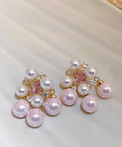 Fashion Light Pink Alloy Zircon Pearl Hollow Out Stud Earrings