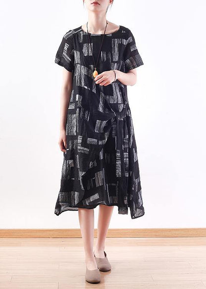 Beautiful black linen clothes tie waist long summer prints Dresses