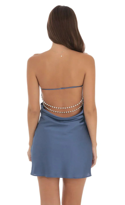 Satin Pearl Open Back Dress In Slate Blue