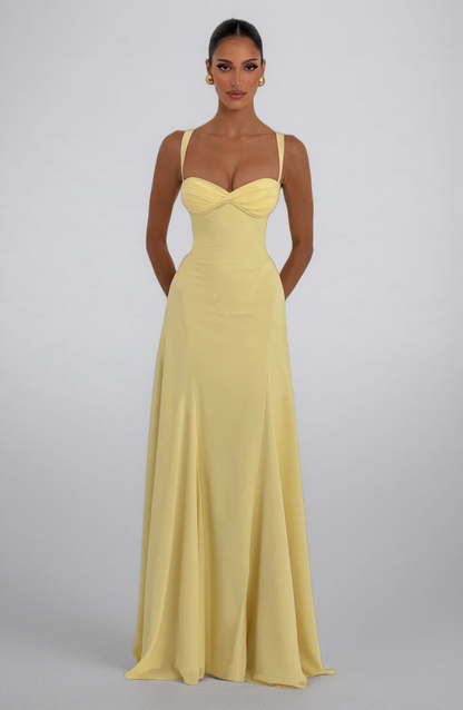 Buttery Yellow Satin Sweetheart Maxi Gown
