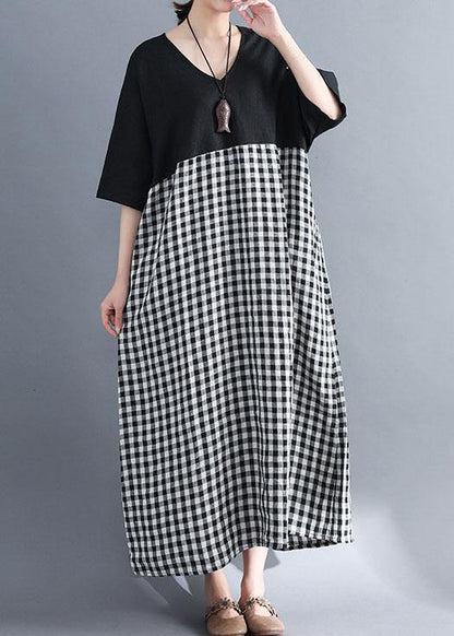 Loose v neck cotton clothes Women Shirts black patchwork Maxi Dresses summer
