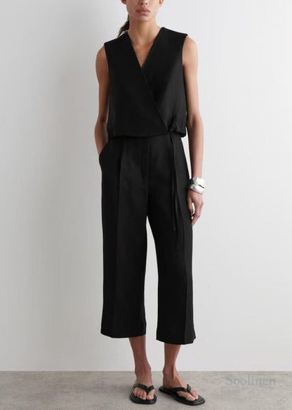 Fashion Black V Neck Lace Up Linen Shirt Tops Summer