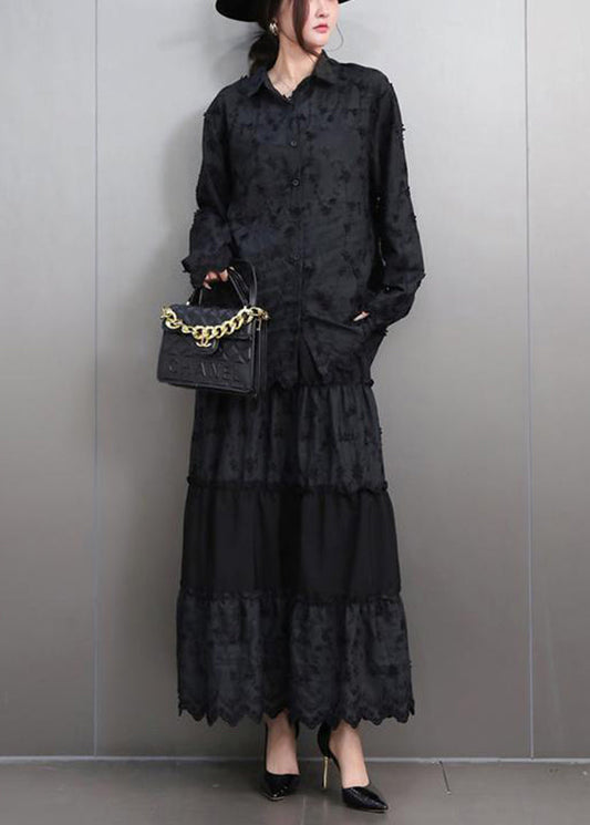 Black Lace Top And Maxi Skirts Two Pieces Set Peter Pan Collar Fall